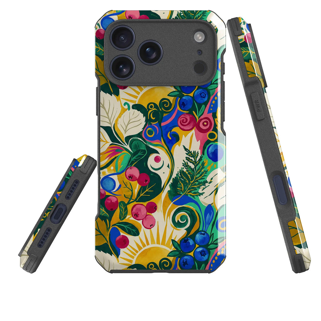 Berry Meadow Glow by Aino Kallio — Impact Armour MagSafe Case for iPhone — Three Quarter — Finnaij