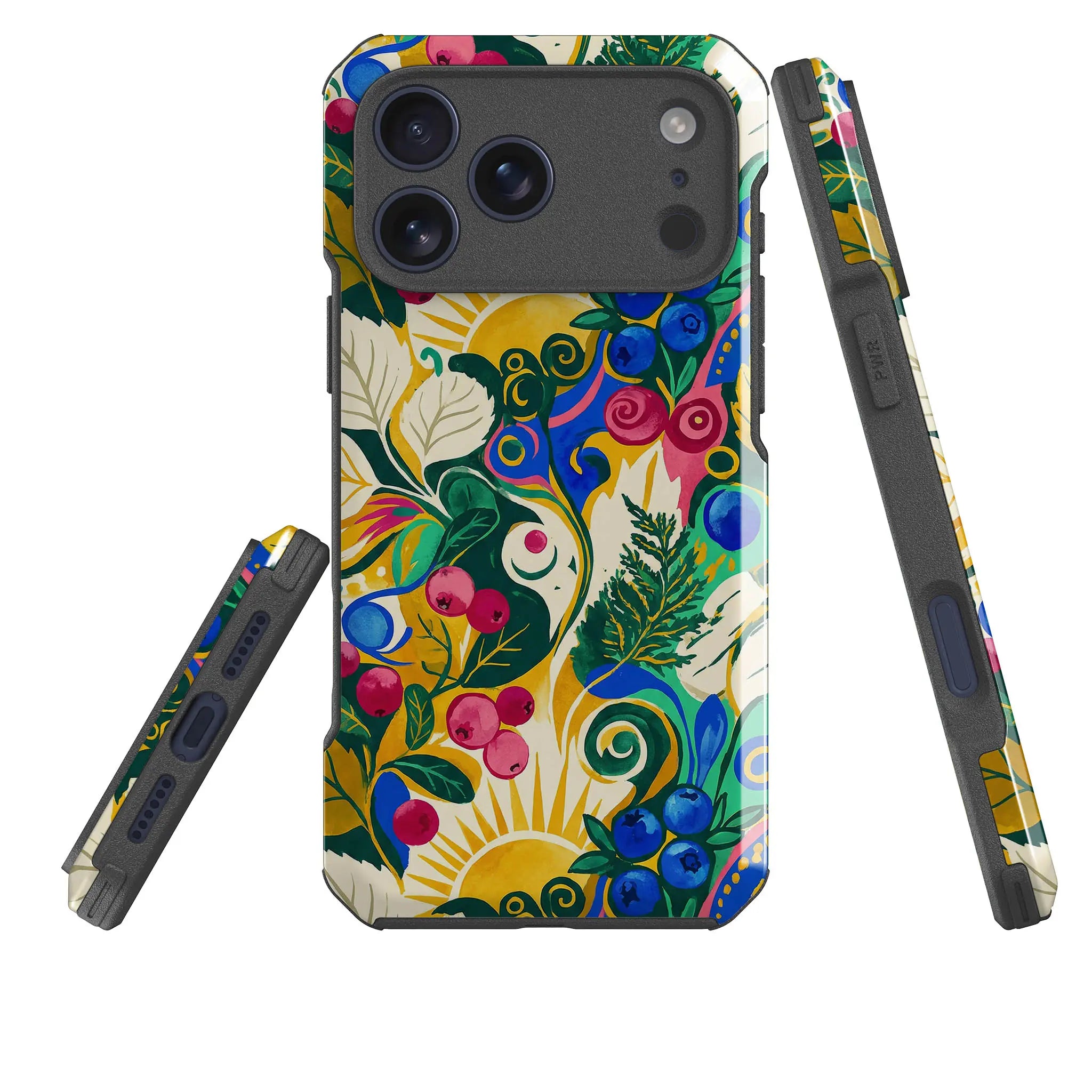 Berry Meadow Glow by Aino Kallio — Impact Armour MagSafe Case for iPhone — Three Quarter — Finnaij