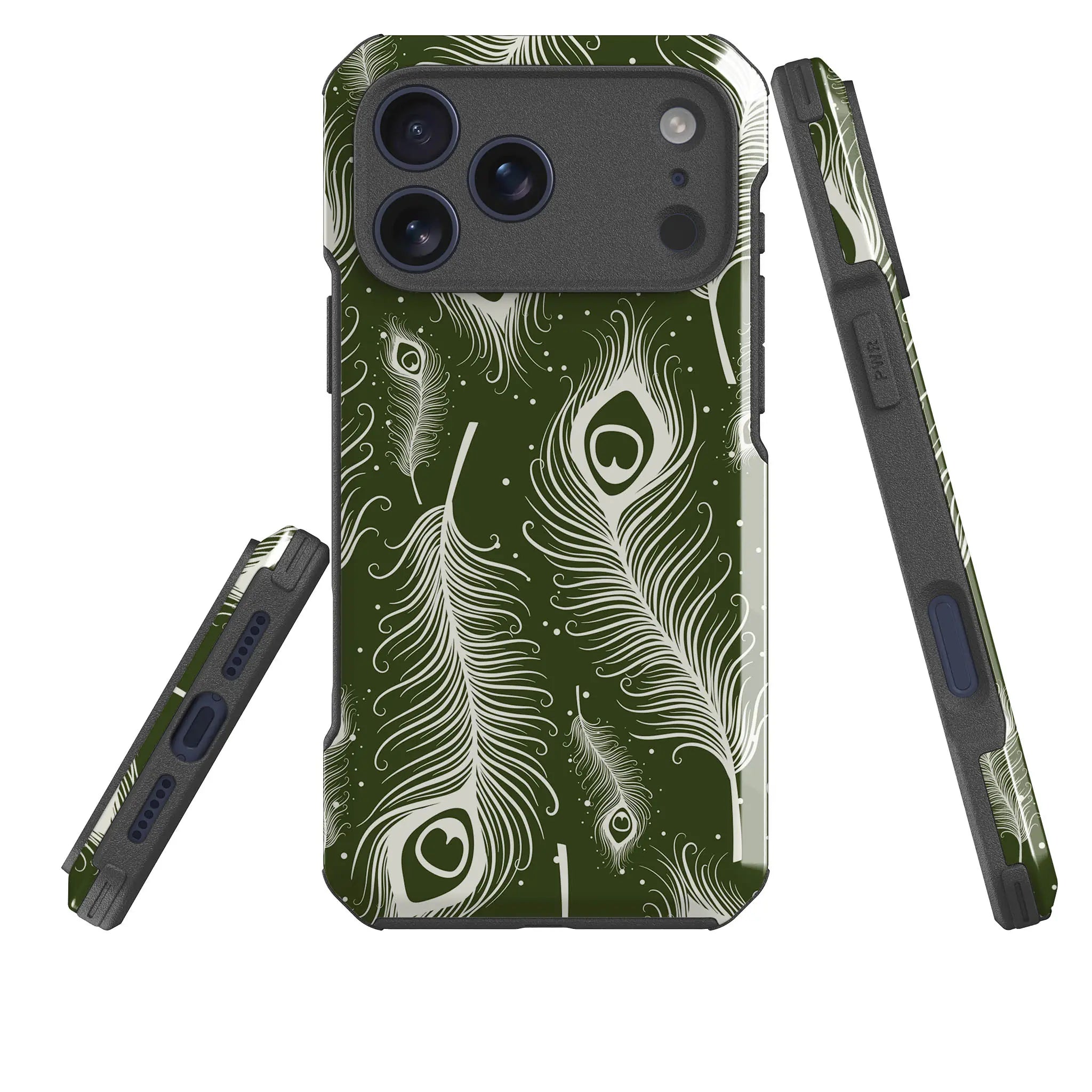 Feathers in Bloom Army Green — Impact Armour MagSafe Case for iPhone — Three Quarter — Finnaij