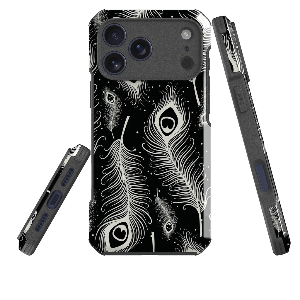 Feathers in Bloom Black — Impact Armour MagSafe Case for iPhone — Three Quarter — Finnaij
