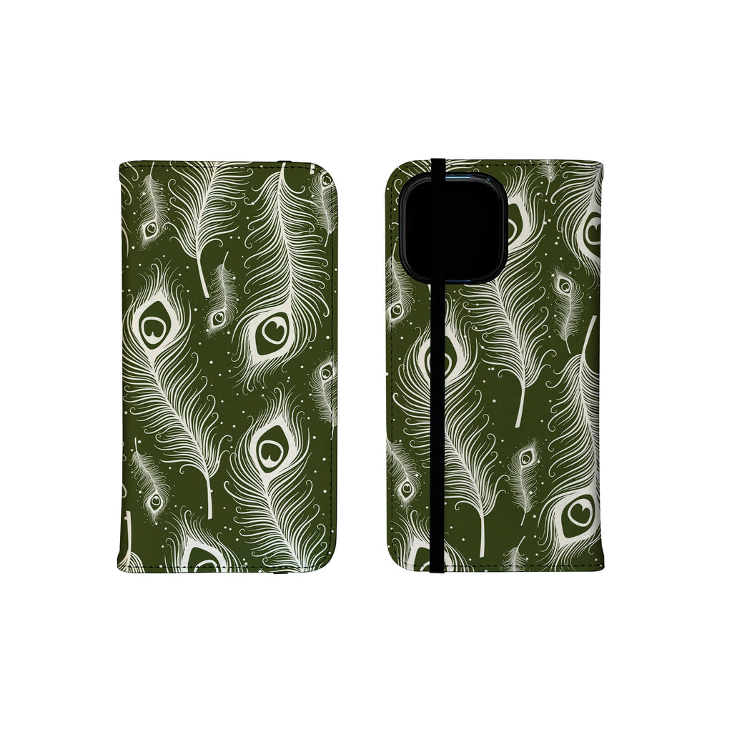 Feathers in Bloom Army Green — Folio Wallet Case for iPhone — Finnaij