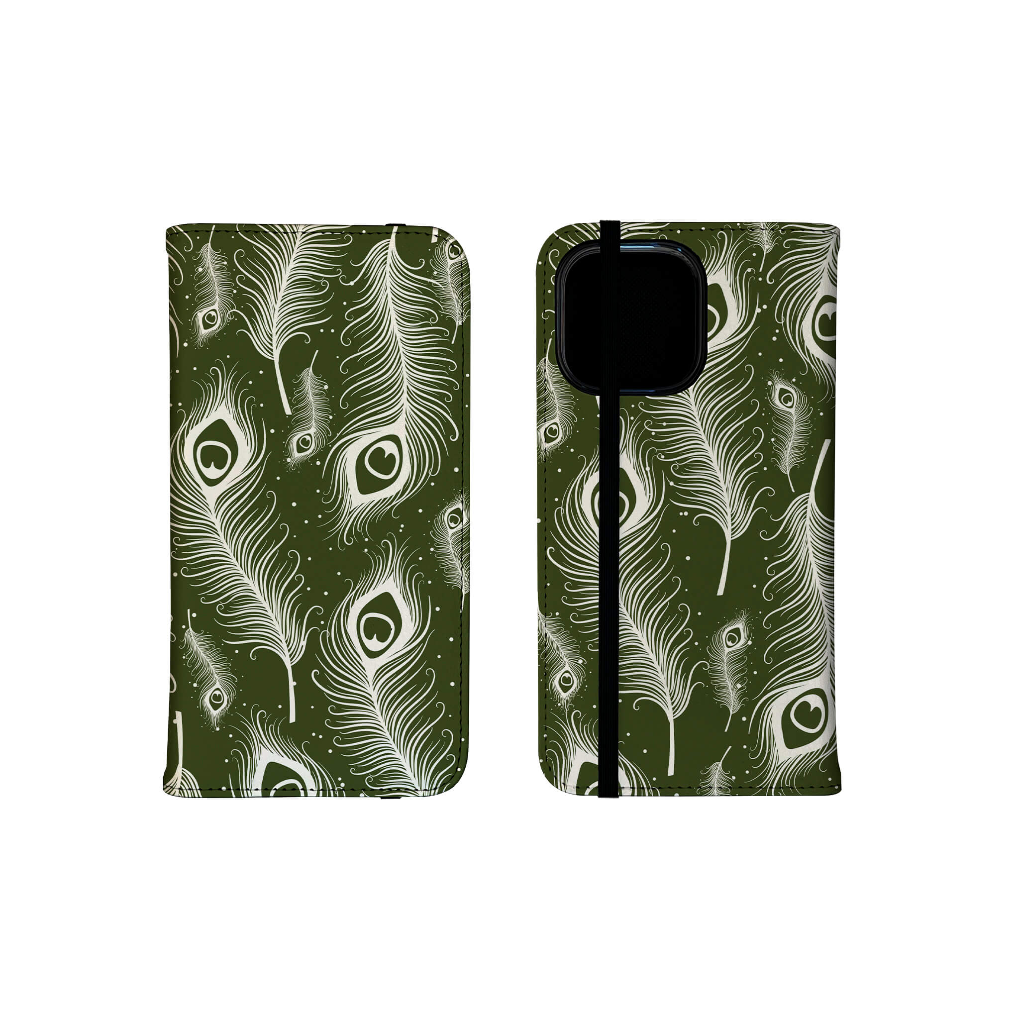Feathers in Bloom Army Green — Folio Wallet Case for iPhone — Finnaij