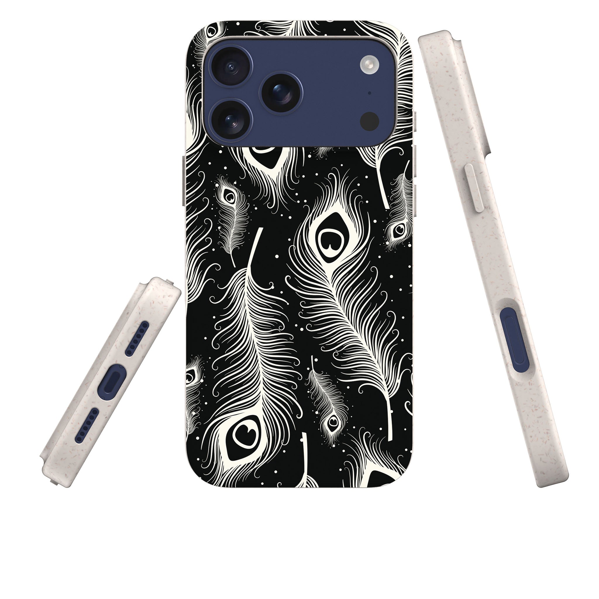 Feathers in Bloom Black — iPhone Bio-degradable Case — Three Quarter — Finnaij
