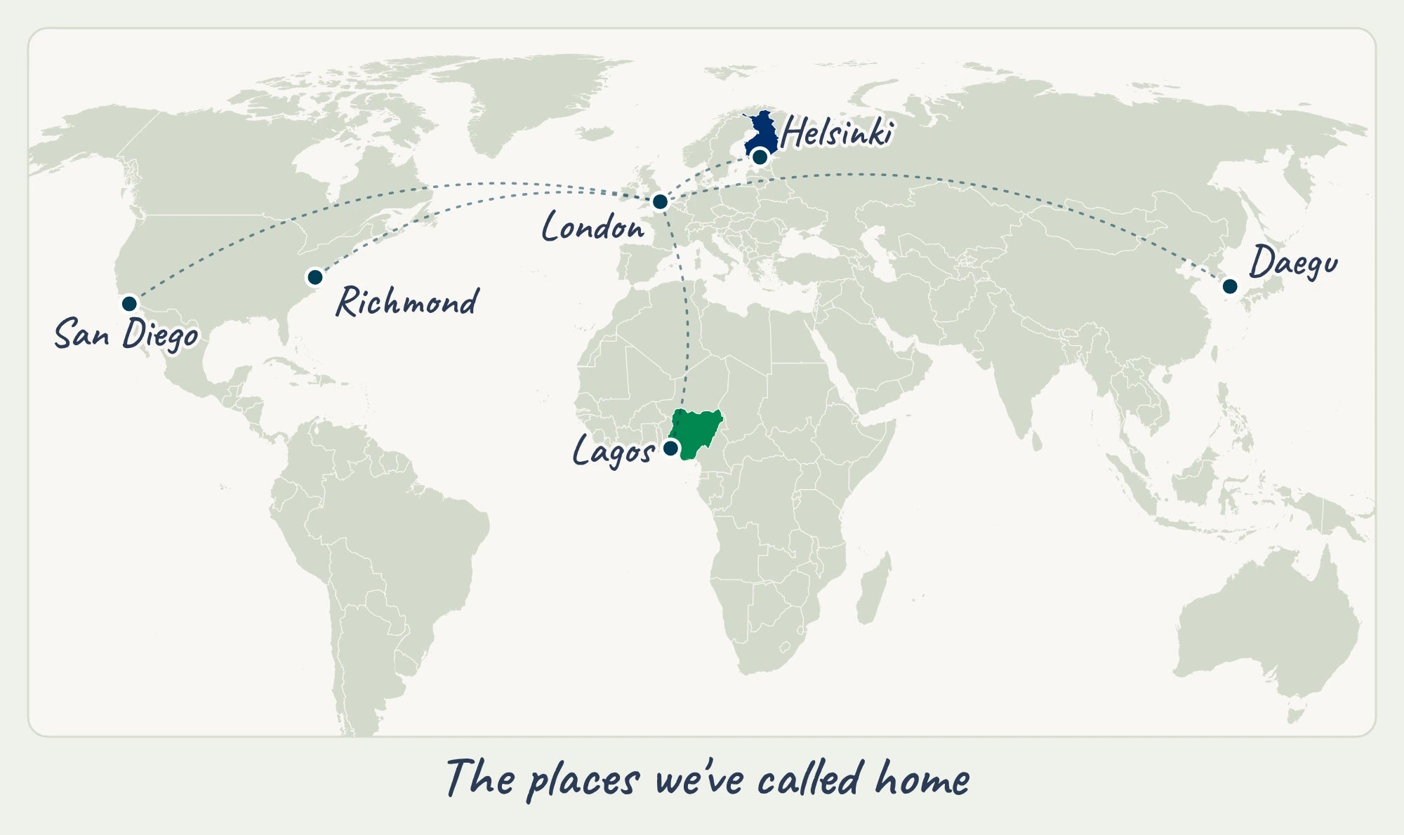 Map of the places Richard and Tinu have called home: London, Helsinki, Lagos, Richmond, San Diego and Daegu.