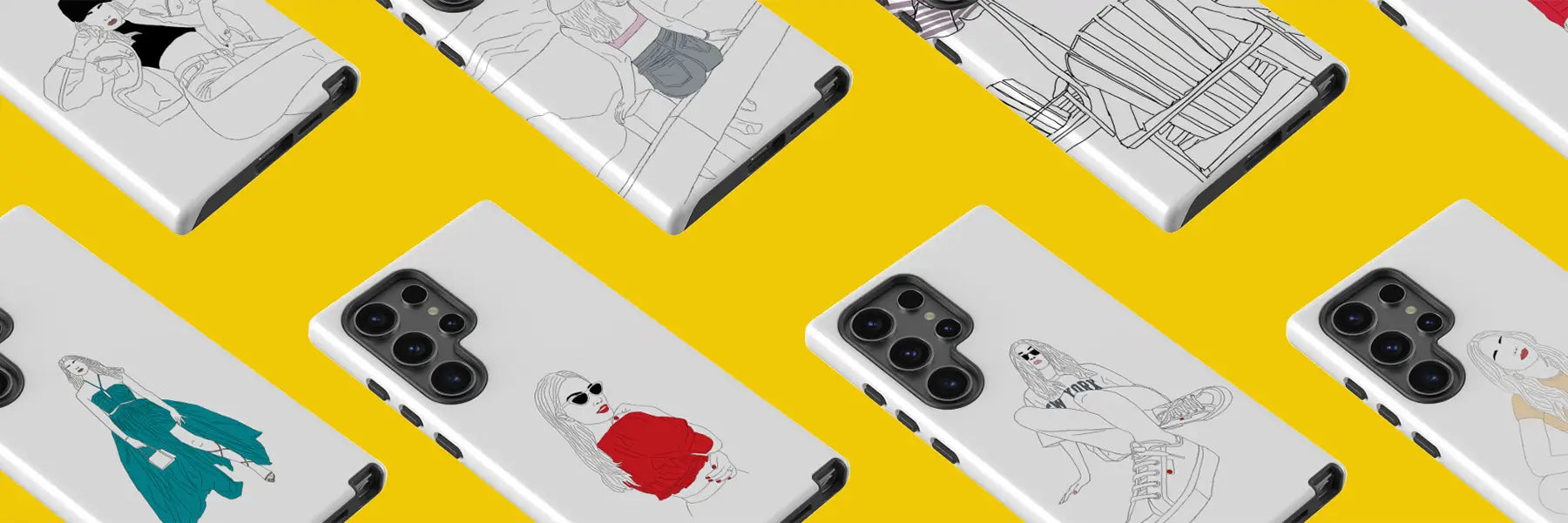 Phone cases with illustrations on a yellow background