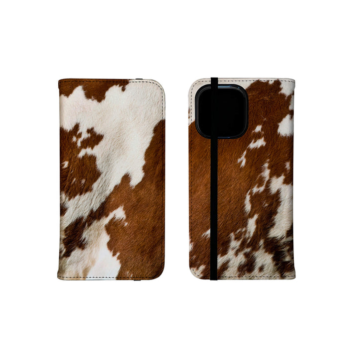 A cow print design, showcasing its unique pattern on this folio case.