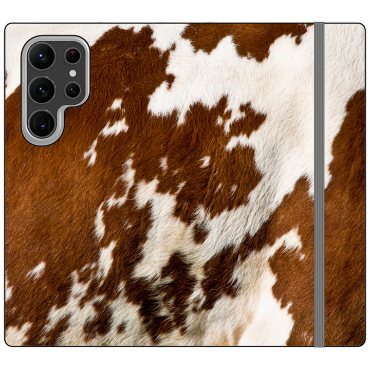 A cow print design, showcasing its unique pattern on this folio case.