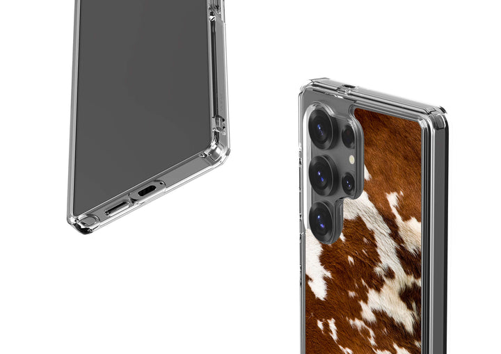 Stylish cowhide design phone case for Samsung Galaxy with a snug fit for protection.