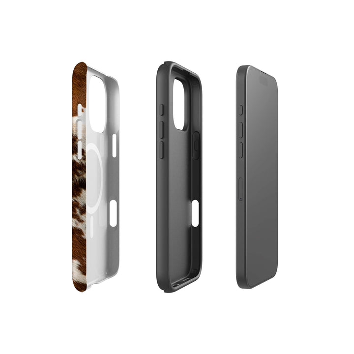 A stylish iPhone Magsafe Tough case with a brown and white cow print, perfect for those seeking a fun and unique accessory.