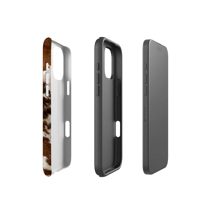 A brown and white cow print case designed for the iPhone, showcasing a unique and stylish pattern.