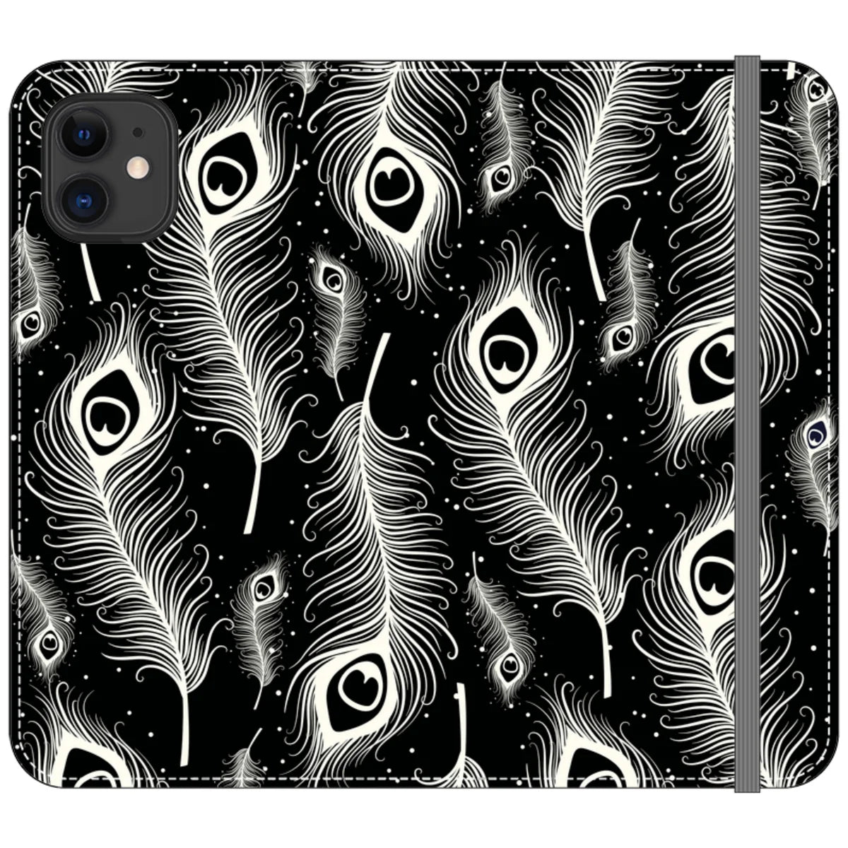 Feathers in Bloom Black- iPhone Folio Wallet Case — iPhone 11 — Finnaij