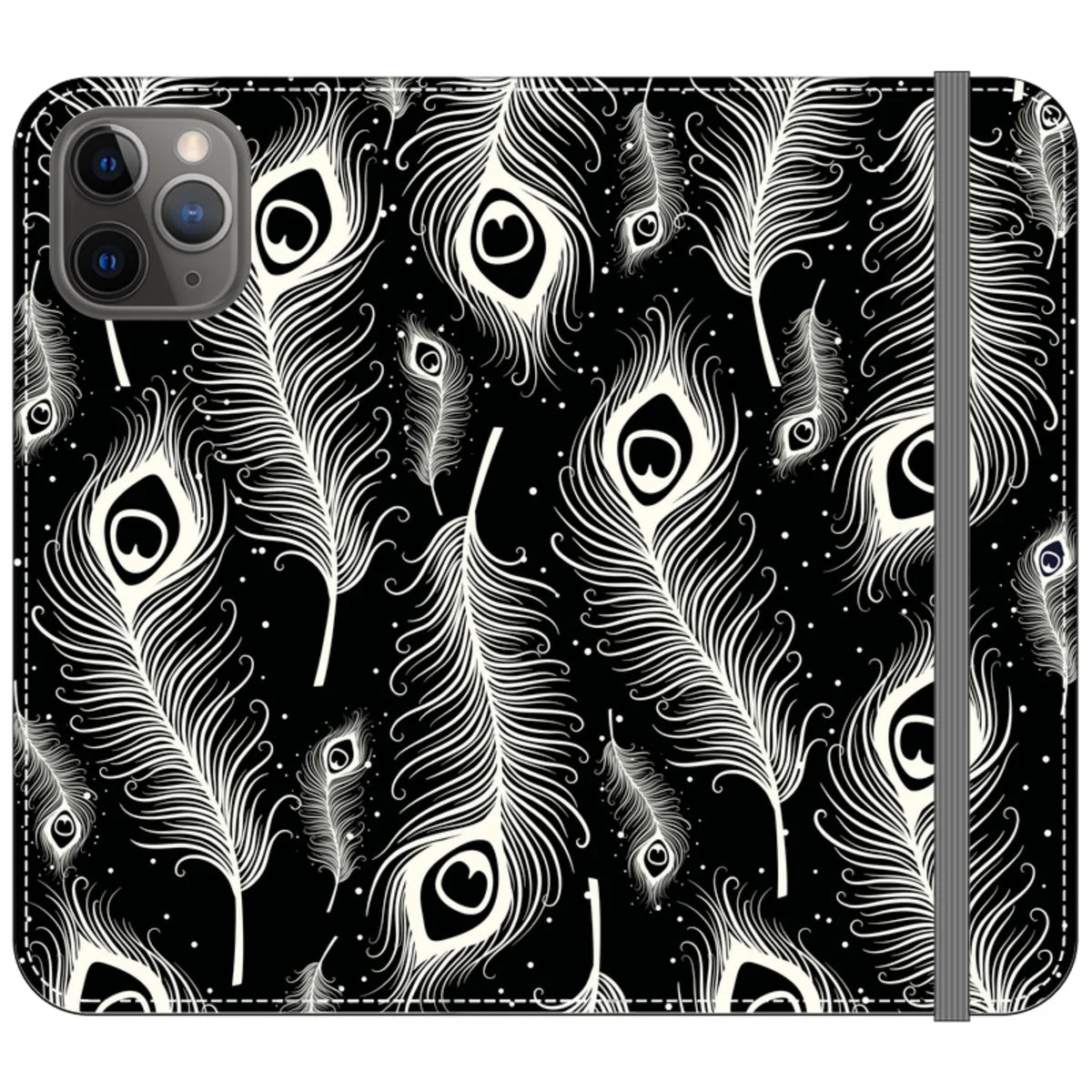 Feathers in Bloom Black- iPhone Folio Wallet Case — iPhone 11 Pro — Finnaij