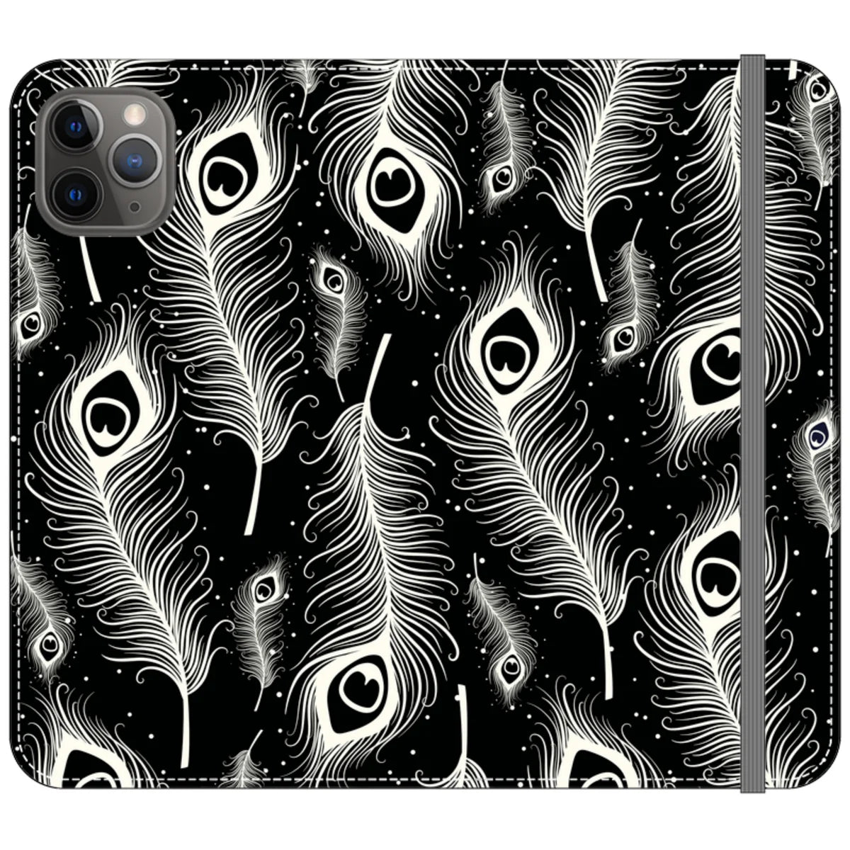 Feathers in Bloom Black- iPhone Folio Wallet Case — iPhone 11 Pro Max — Finnaij