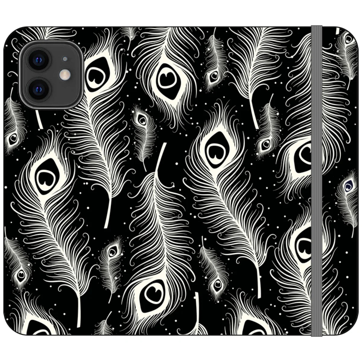Feathers in Bloom Black- iPhone Folio Wallet Case — iPhone 12 — Finnaij