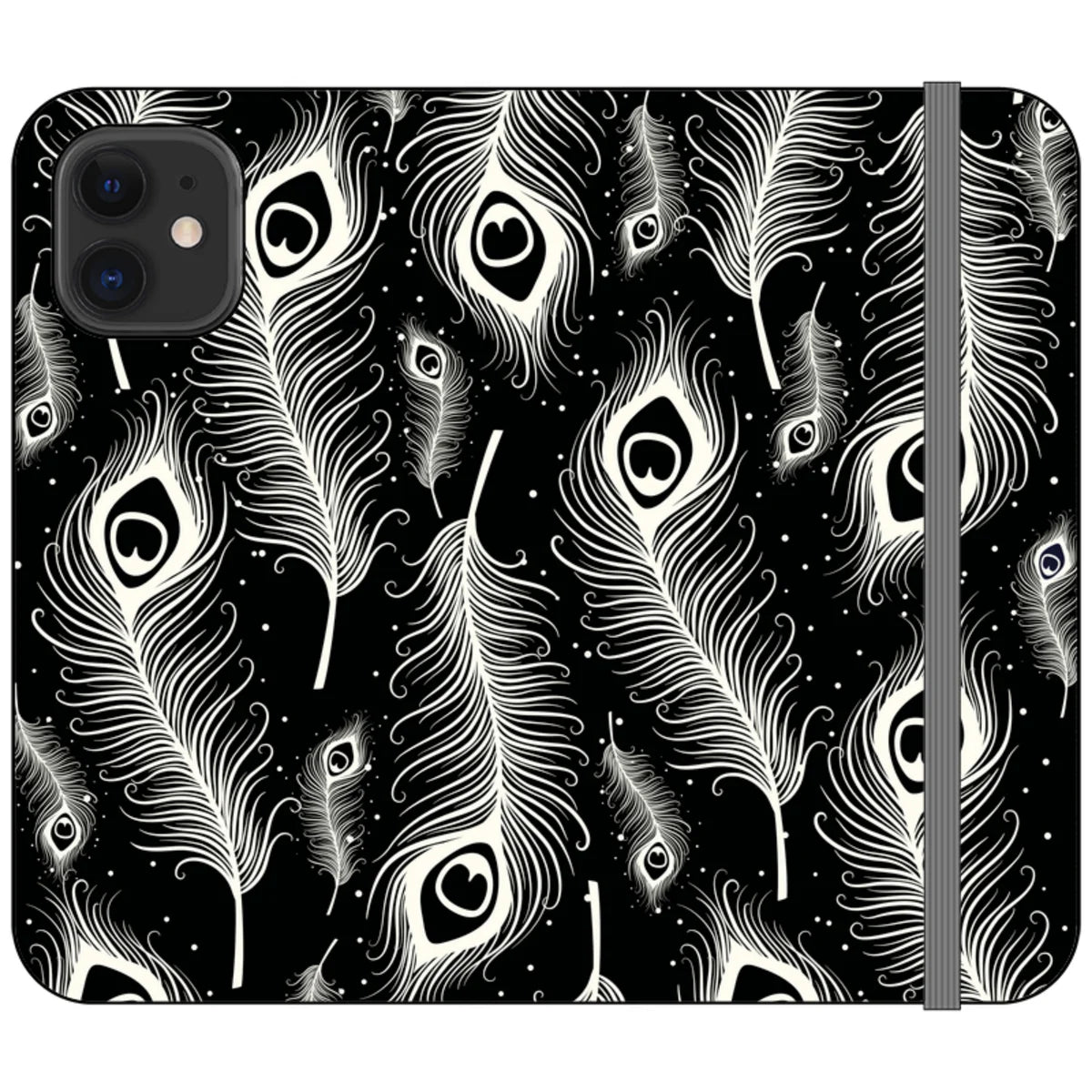Feathers in Bloom Black- iPhone Folio Wallet Case — iPhone 12 Mini — Finnaij