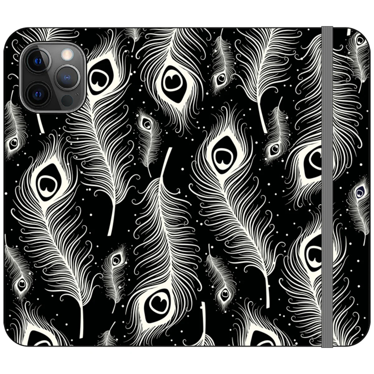 Feathers in Bloom Black- iPhone Folio Wallet Case — iPhone 12 Pro — Finnaij