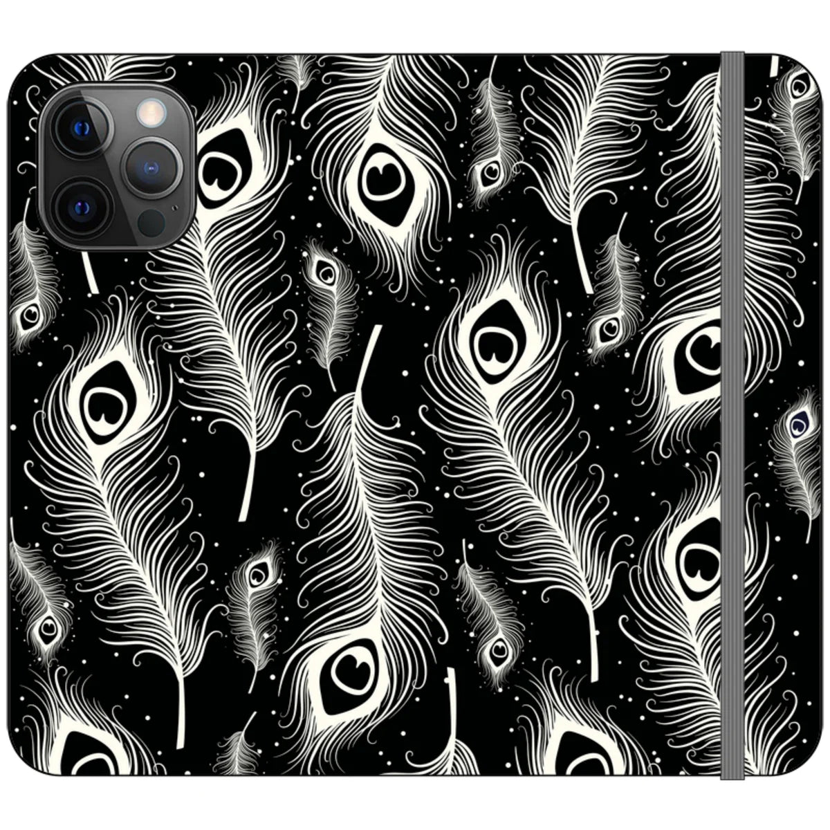 Feathers in Bloom Black- iPhone Folio Wallet Case — iPhone 12 Pro Max — Finnaij