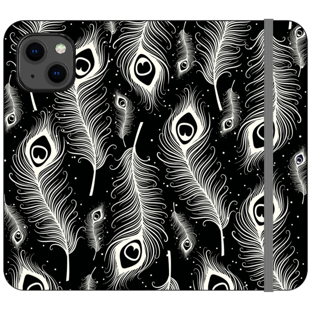 Feathers in Bloom Black- iPhone Folio Wallet Case — iPhone 13 — Finnaij