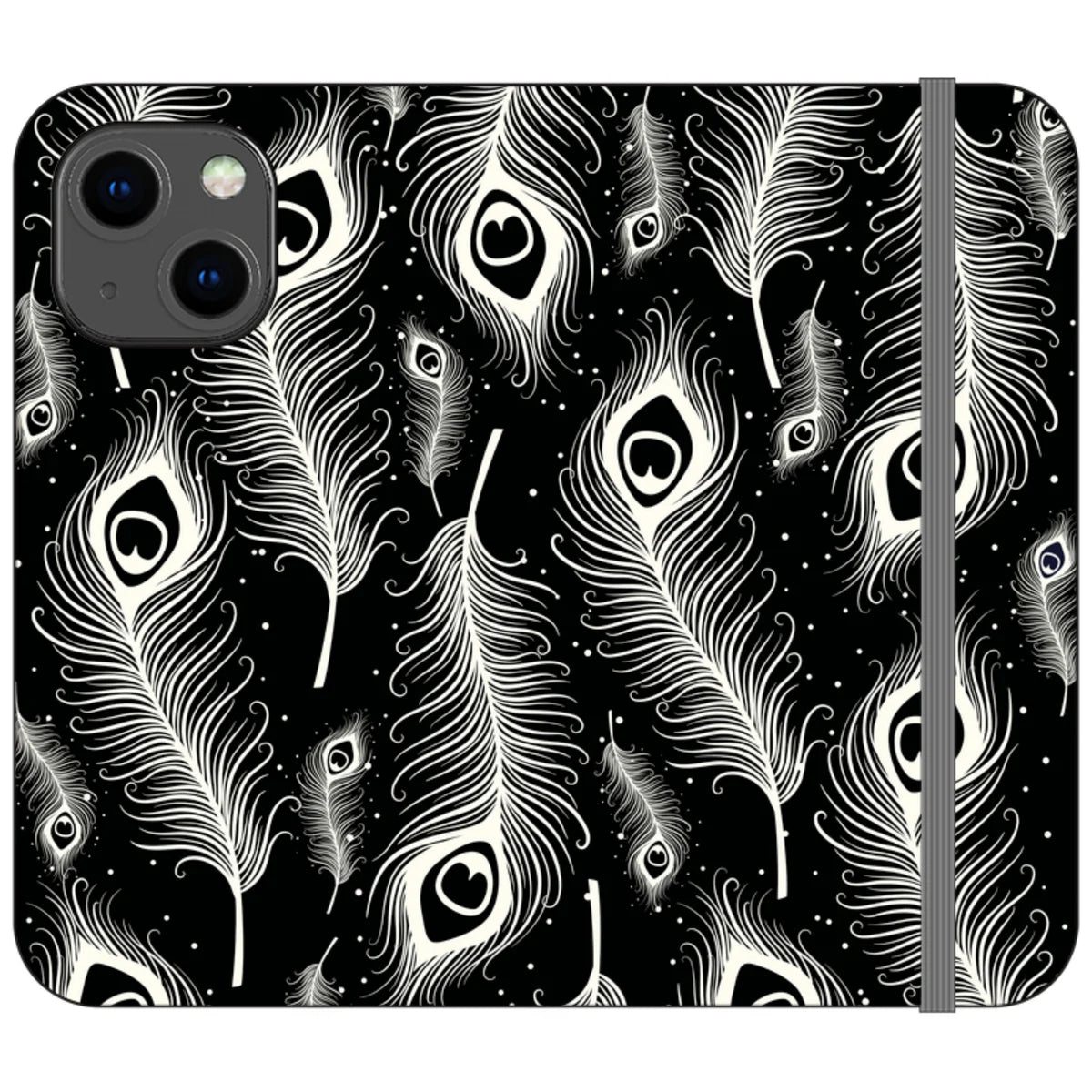 Feathers in Bloom Black- iPhone Folio Wallet Case — iPhone 13 Mini — Finnaij