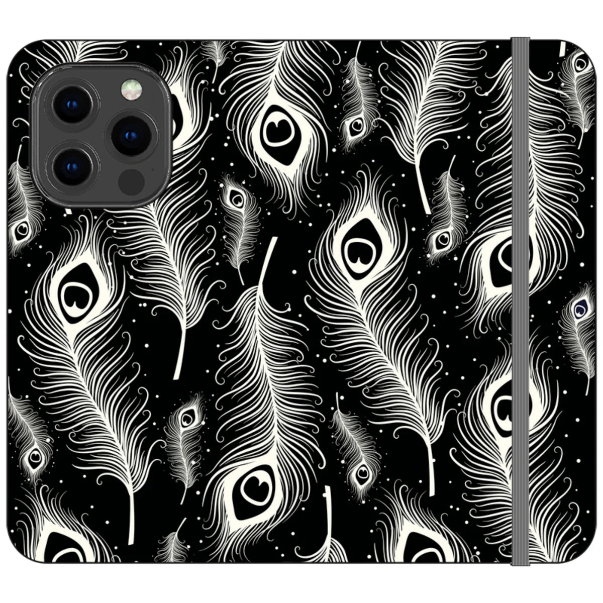Feathers in Bloom Black- iPhone Folio Wallet Case — iPhone 13 Pro — Finnaij