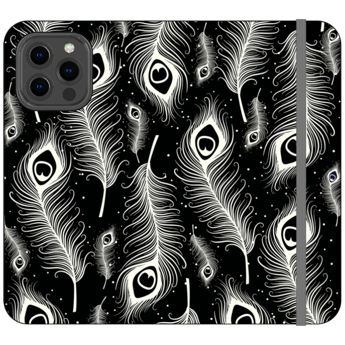Feathers in Bloom Black- iPhone Folio Wallet Case — iPhone 13 Pro Max — Finnaij