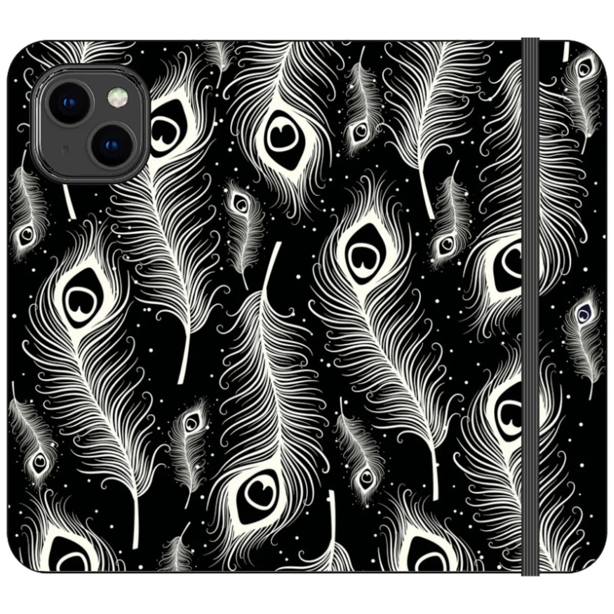 Feathers in Bloom Black- iPhone Folio Wallet Case — iPhone 14 — Finnaij