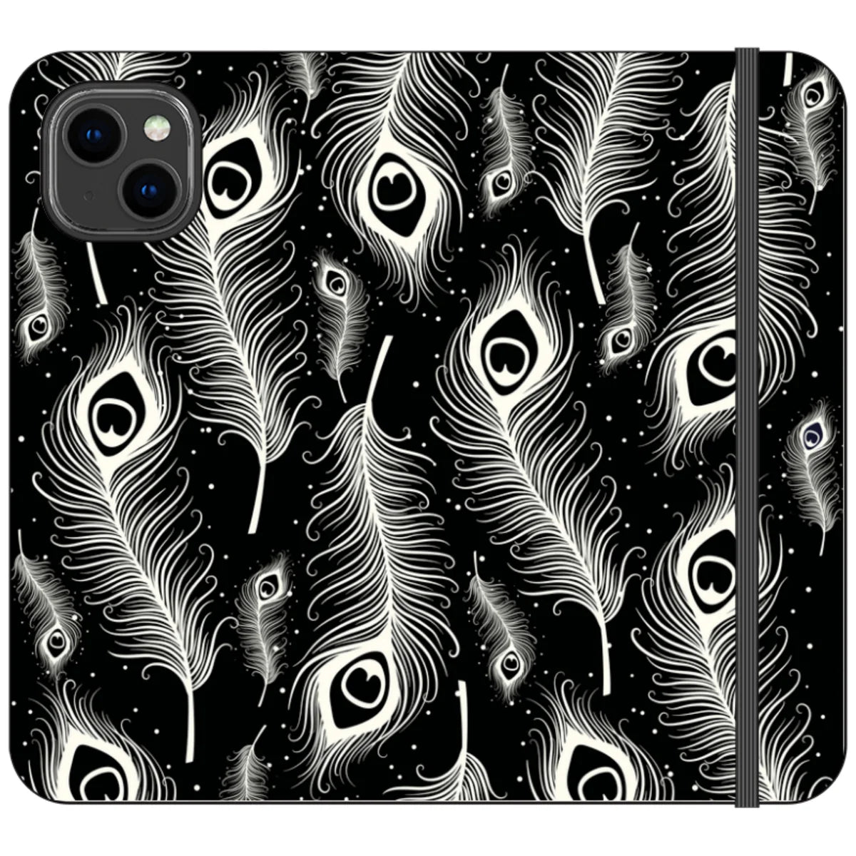 Feathers in Bloom Black- iPhone Folio Wallet Case — iPhone 14 Plus — Finnaij
