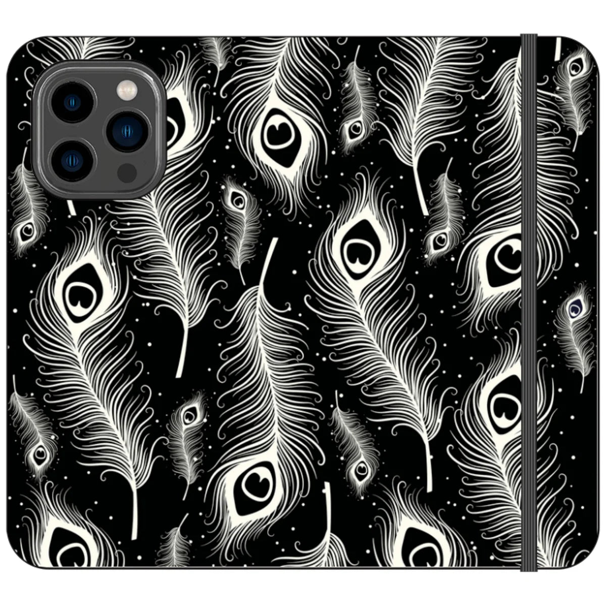 Feathers in Bloom Black- iPhone Folio Wallet Case — iPhone 14 Pro Max — Finnaij