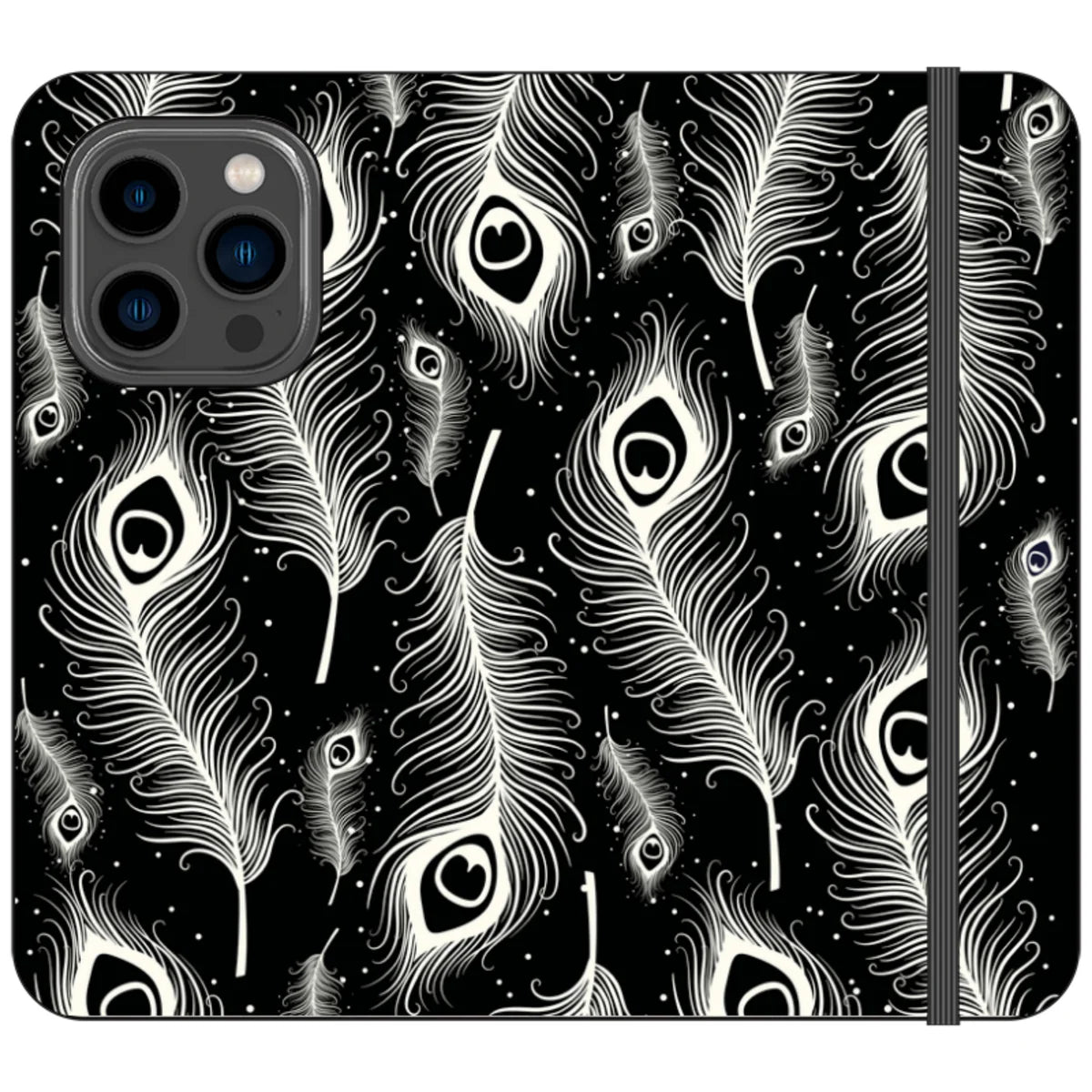 Feathers in Bloom Black- iPhone Folio Wallet Case — iPhone 14 Pro — Finnaij