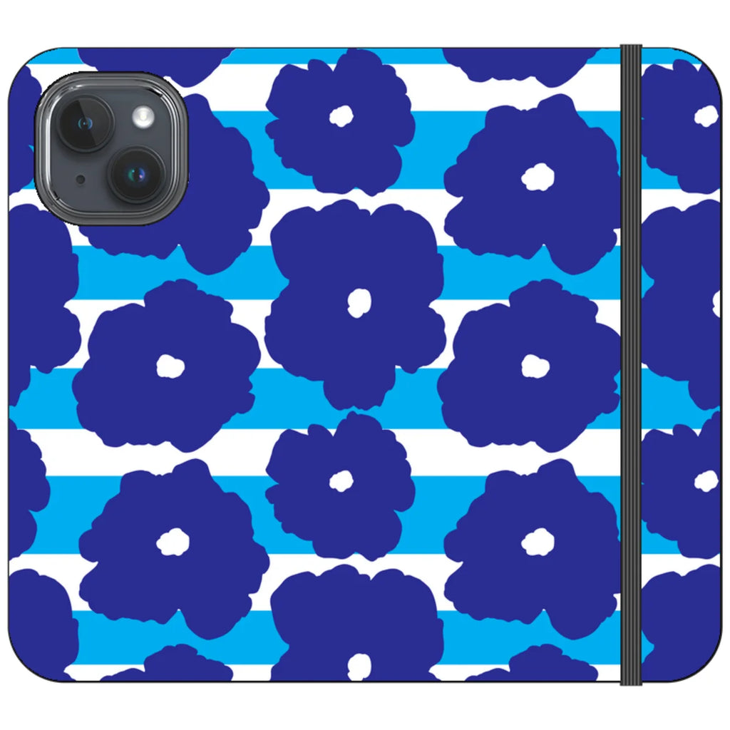 Bold Floral Blue Vegan Leather — iPhone 15 Wallet Case — Finnaij