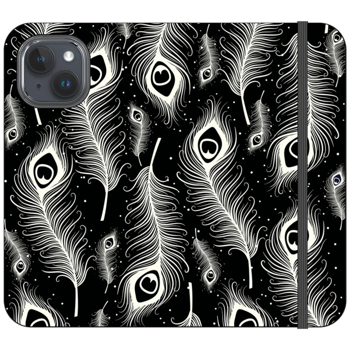 Feathers in Bloom Black- iPhone Folio Wallet Case — iPhone 15 — Finnaij