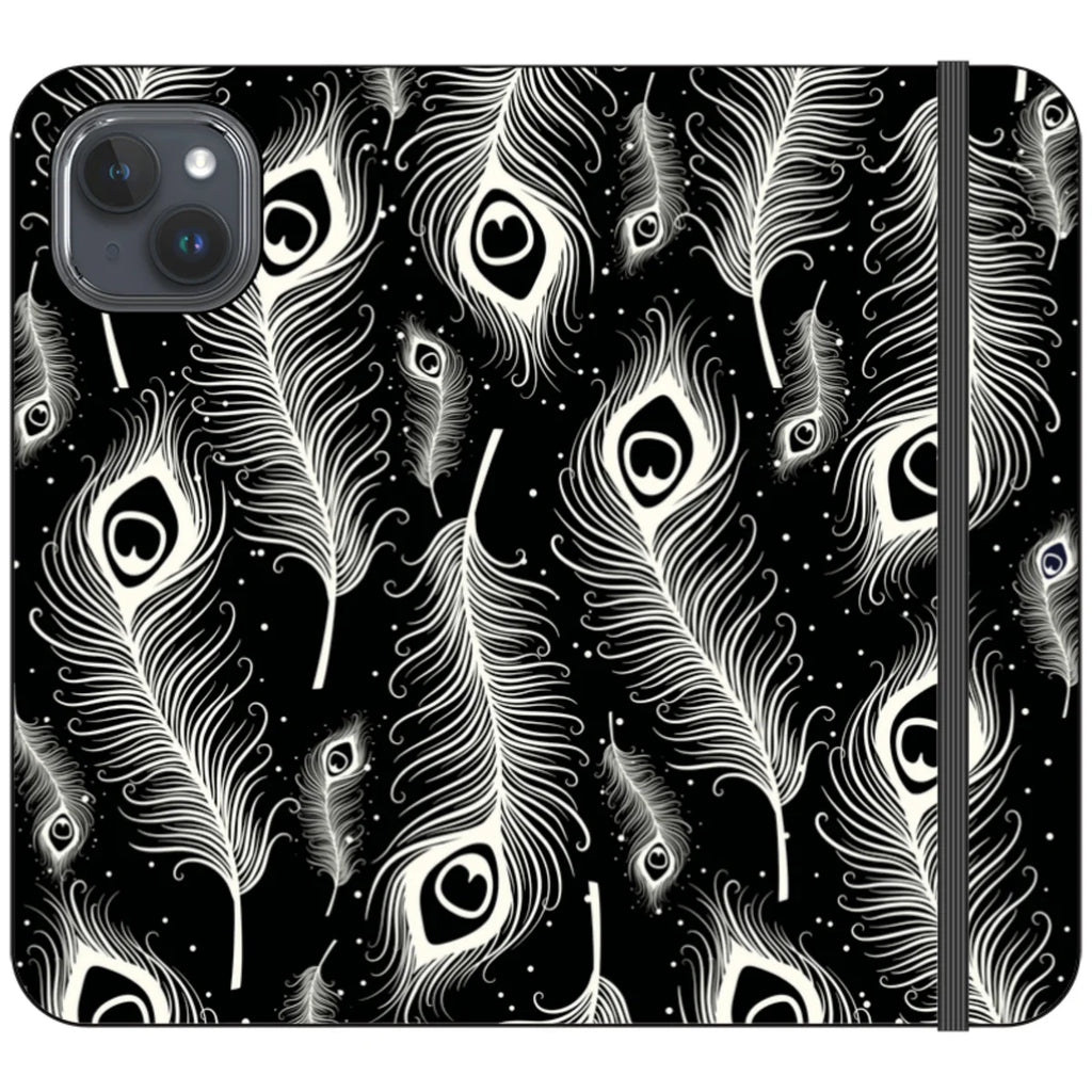 Feathers in Bloom Black- iPhone Folio Wallet Case — iPhone 15 Plus — Finnaij