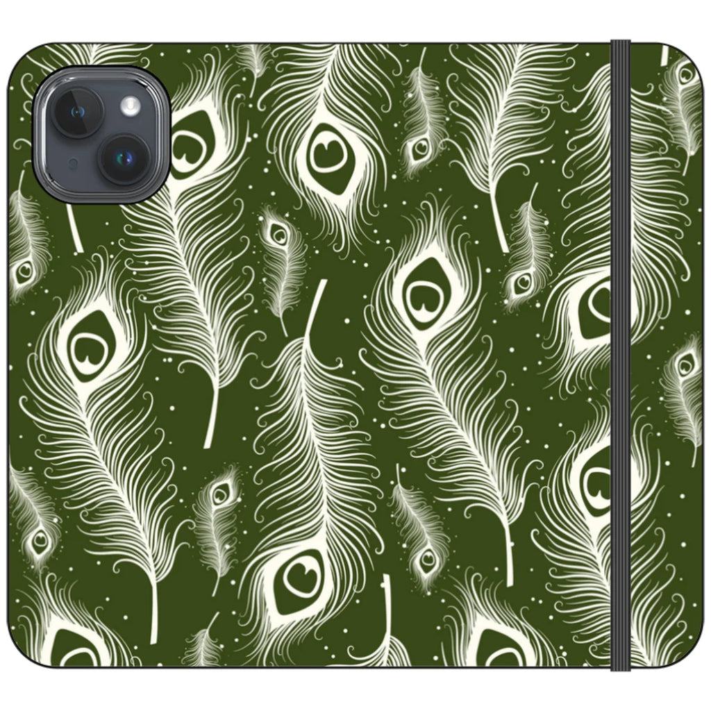 Feathers in Bloom Army Green — iPhone 15 Plus Wallet Case — Finnaij