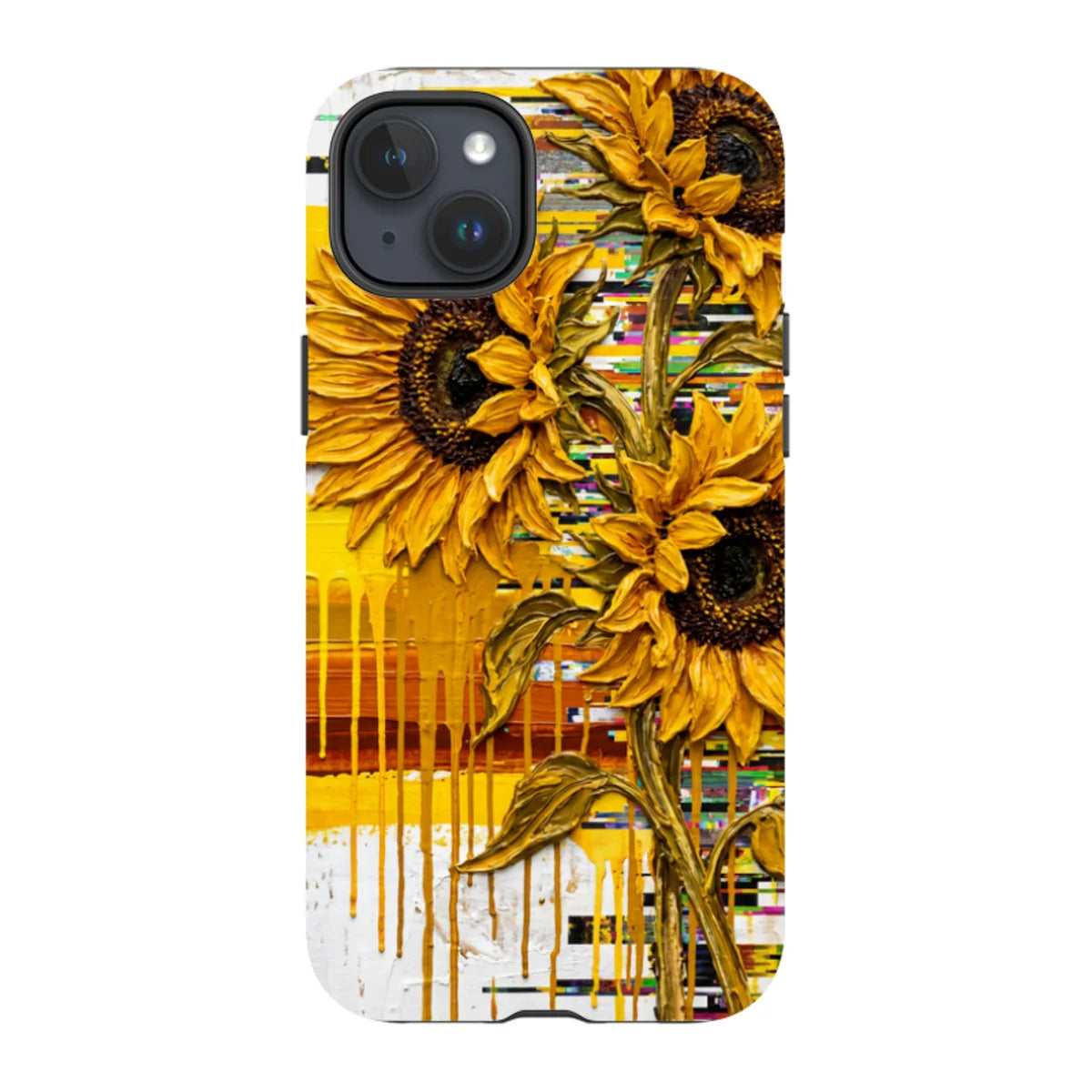 Sunflowers with Abstract Golden Chaos by Frida Lövström — iPhone 15 Plus Tough Case in Gloss Tough Case — Finnaij