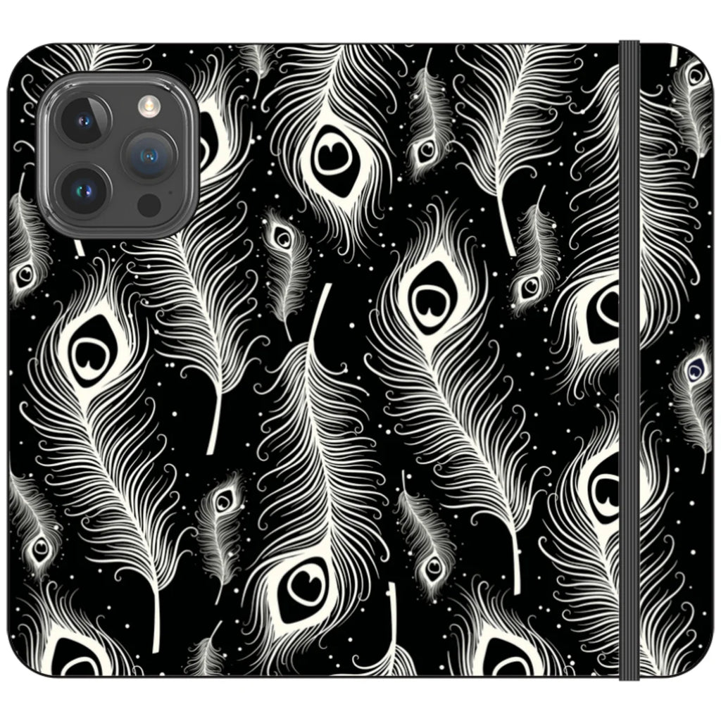 Feathers in Bloom Black- iPhone Folio Wallet Case — iPhone 15 Pro Max — Finnaij