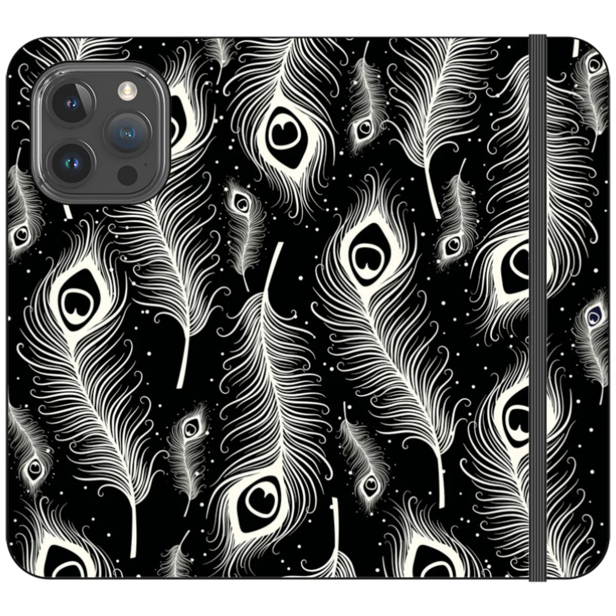Feathers in Bloom Black- iPhone Folio Wallet Case — iPhone 15 Pro Max — Finnaij