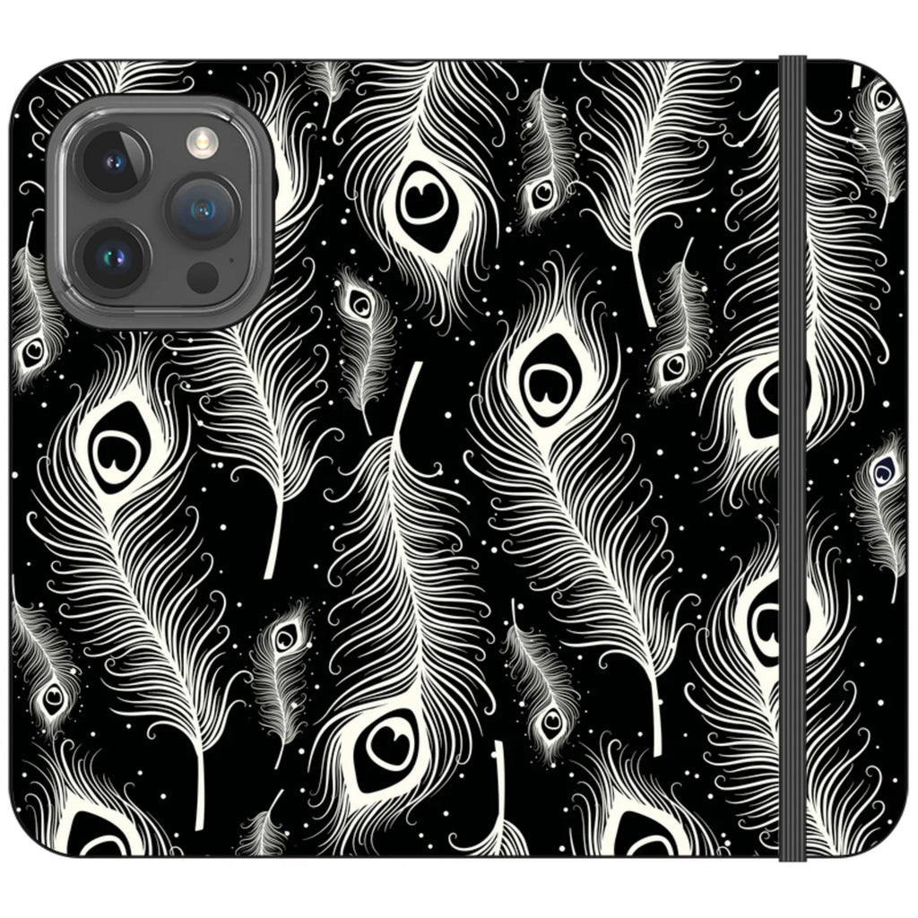 Feathers in Bloom Black- iPhone Folio Wallet Case — iPhone 15 Pro — Finnaij