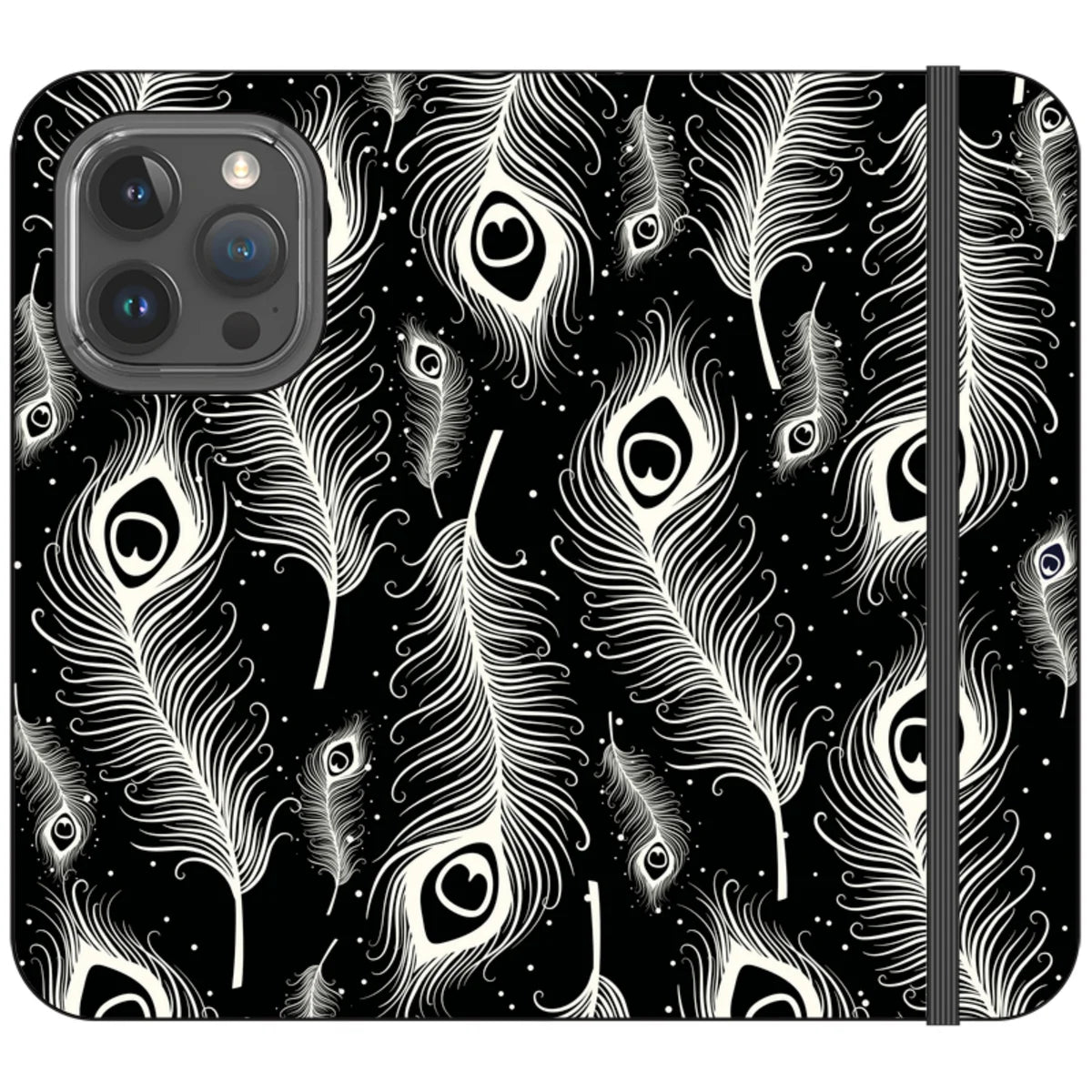 Feathers in Bloom Black- iPhone Folio Wallet Case — iPhone 15 Pro — Finnaij