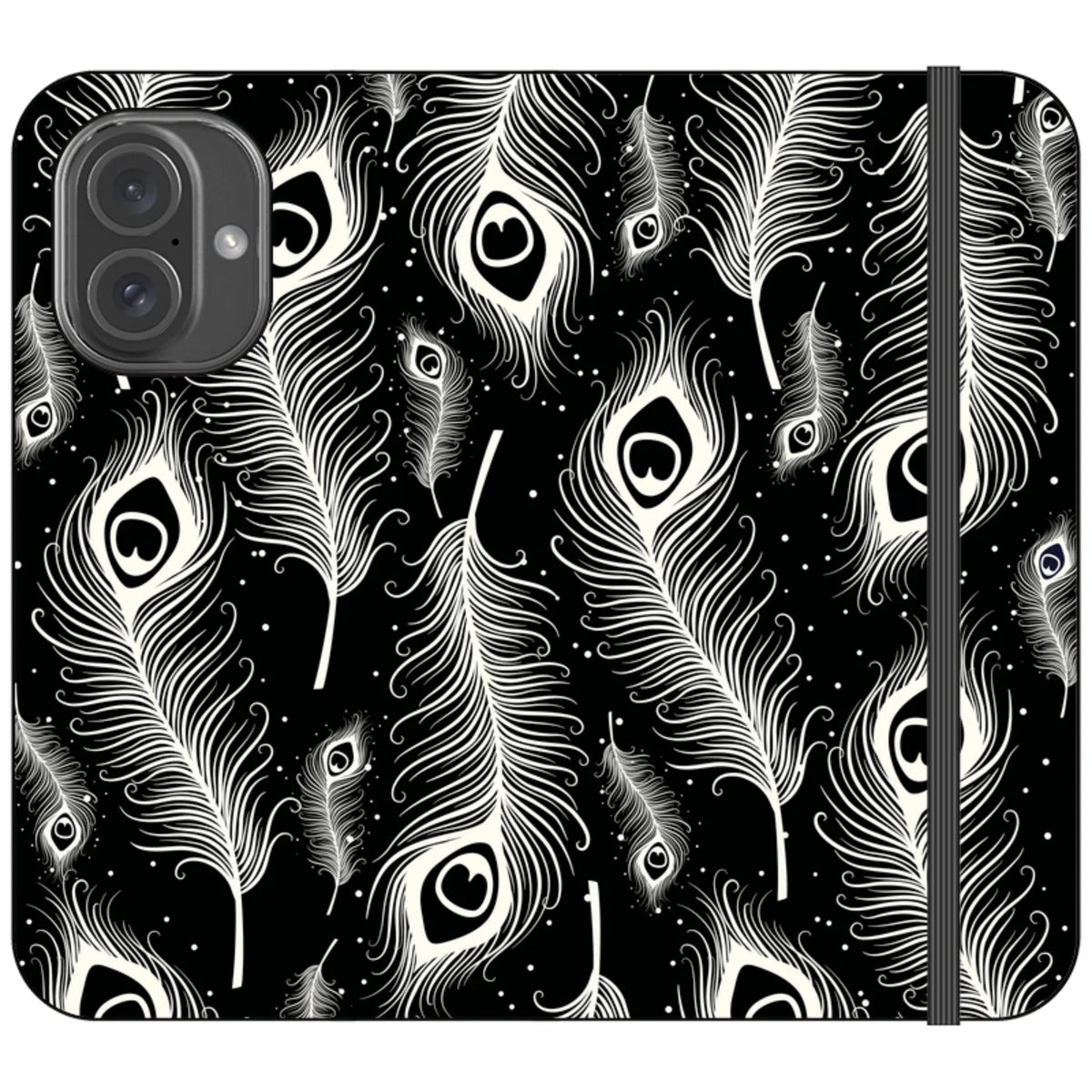 Feathers in Bloom Black- iPhone Folio Wallet Case — iPhone 16 — Finnaij