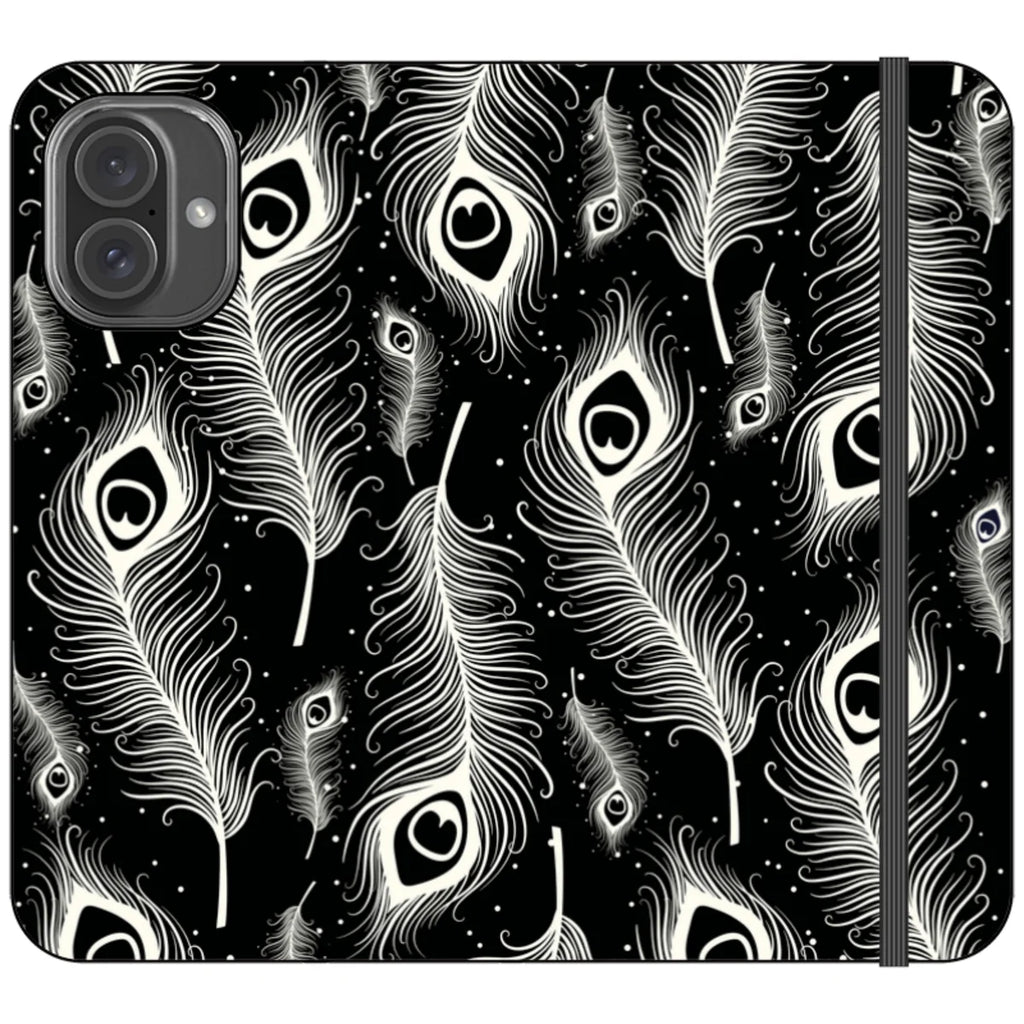 Feathers in Bloom Black- iPhone Folio Wallet Case — iPhone 16 Plus — Finnaij
