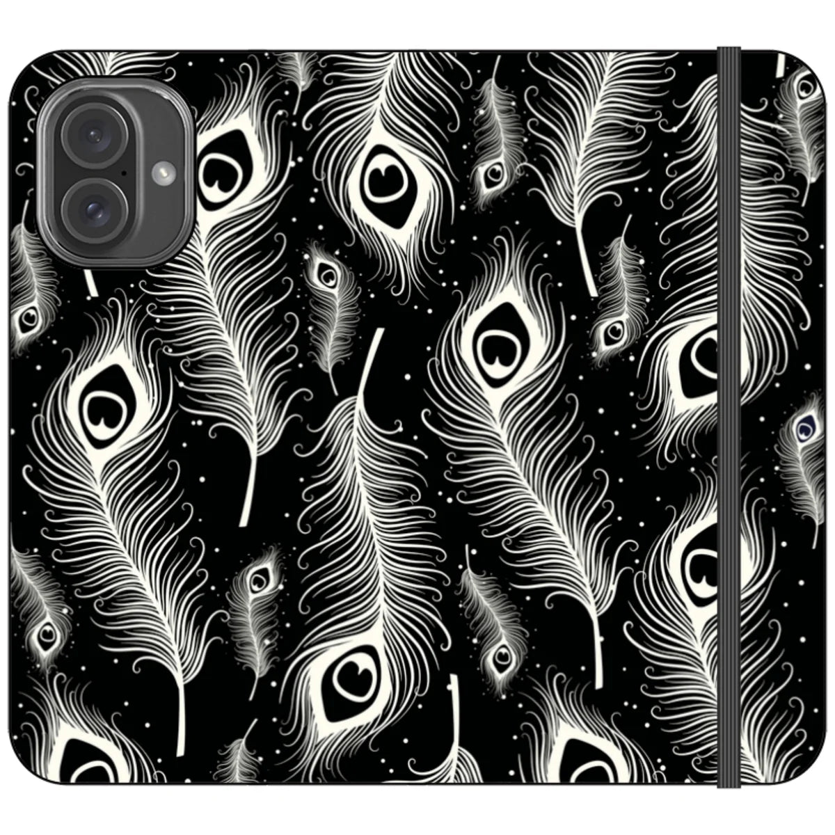Feathers in Bloom Black- iPhone Folio Wallet Case — iPhone 16 Plus — Finnaij