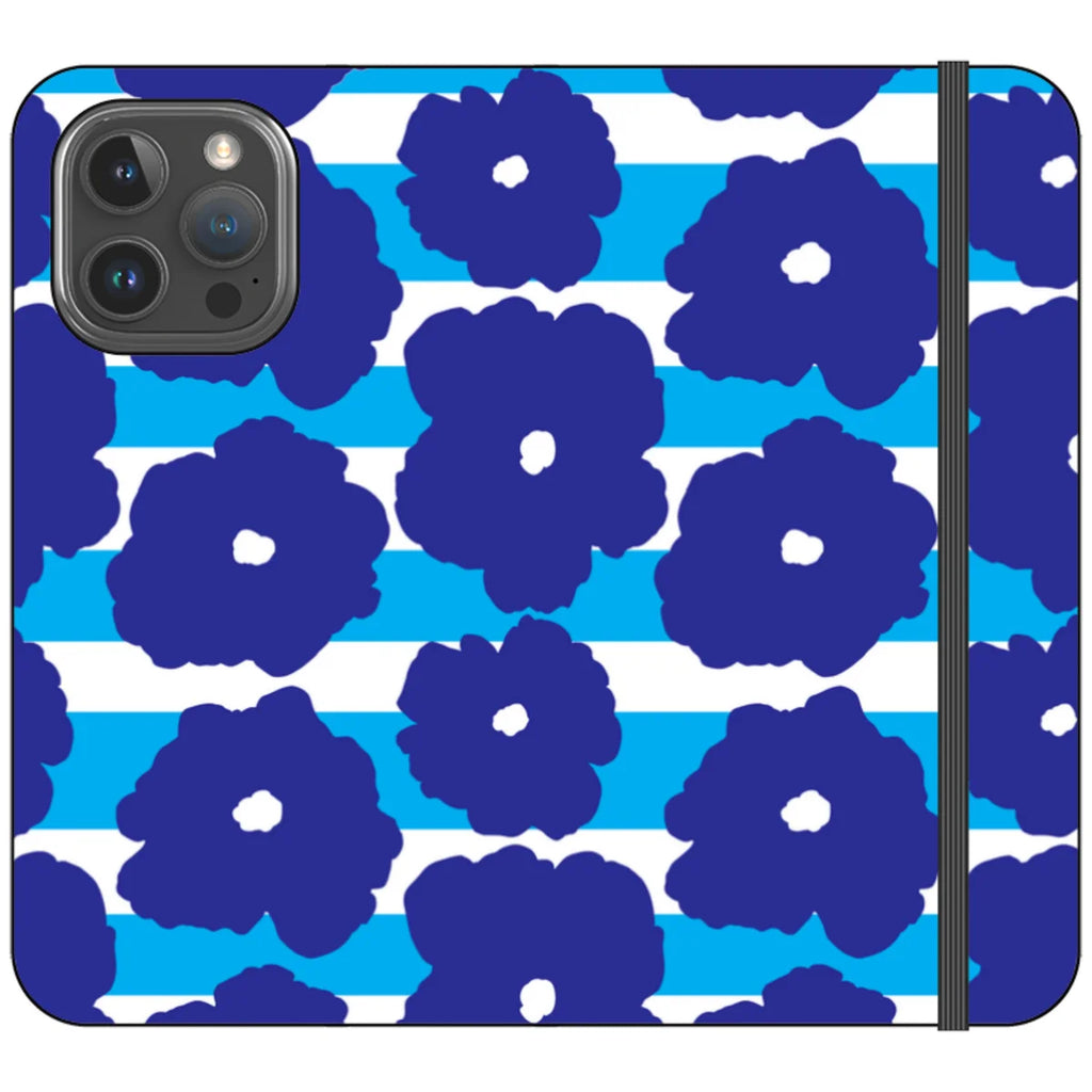 Bold Floral Blue Vegan Leather — iPhone 16 Pro Max Wallet Case — Finnaij