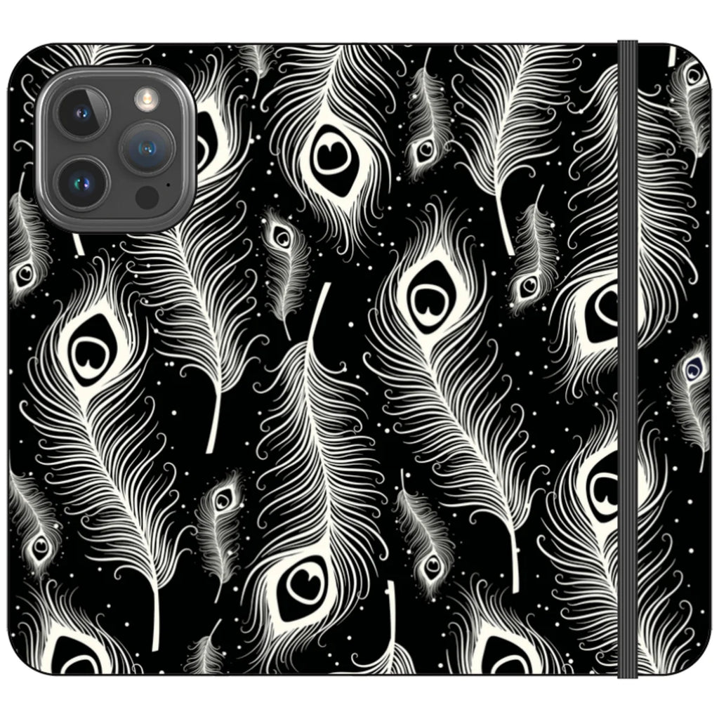 Feathers in Bloom Black- iPhone Folio Wallet Case — iPhone 16 Pro Max — Finnaij