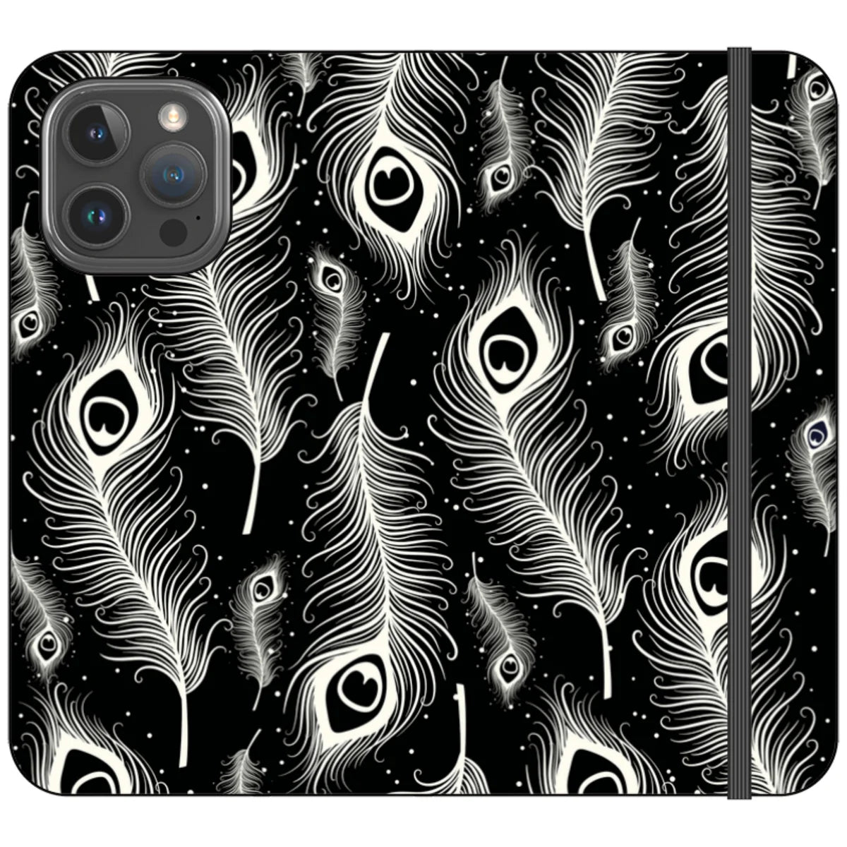 Feathers in Bloom Black- iPhone Folio Wallet Case — iPhone 16 Pro Max — Finnaij