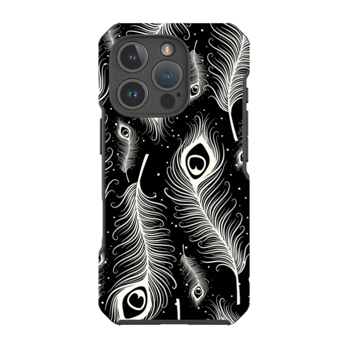 Feathers in Bloom Black — iPhone 16 Pro Impact Armour MagSafe Case — Finnaij