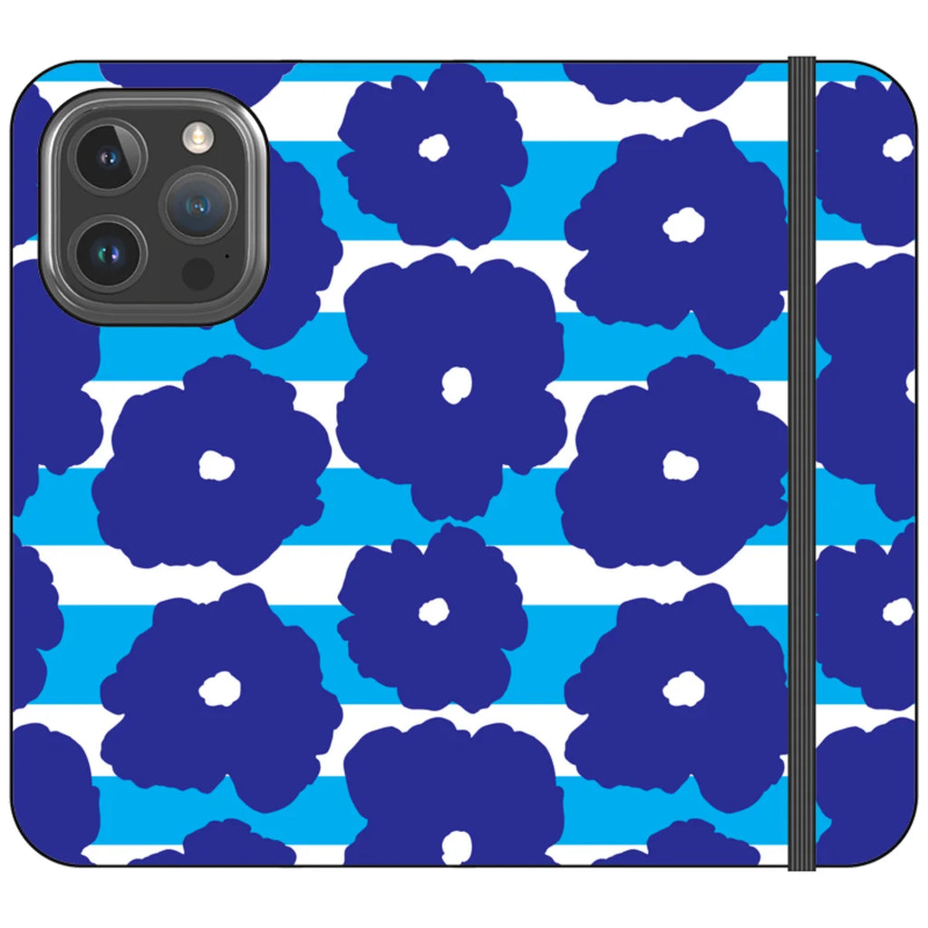 Bold Floral Blue Vegan Leather — iPhone 16 Pro Wallet Case — Finnaij