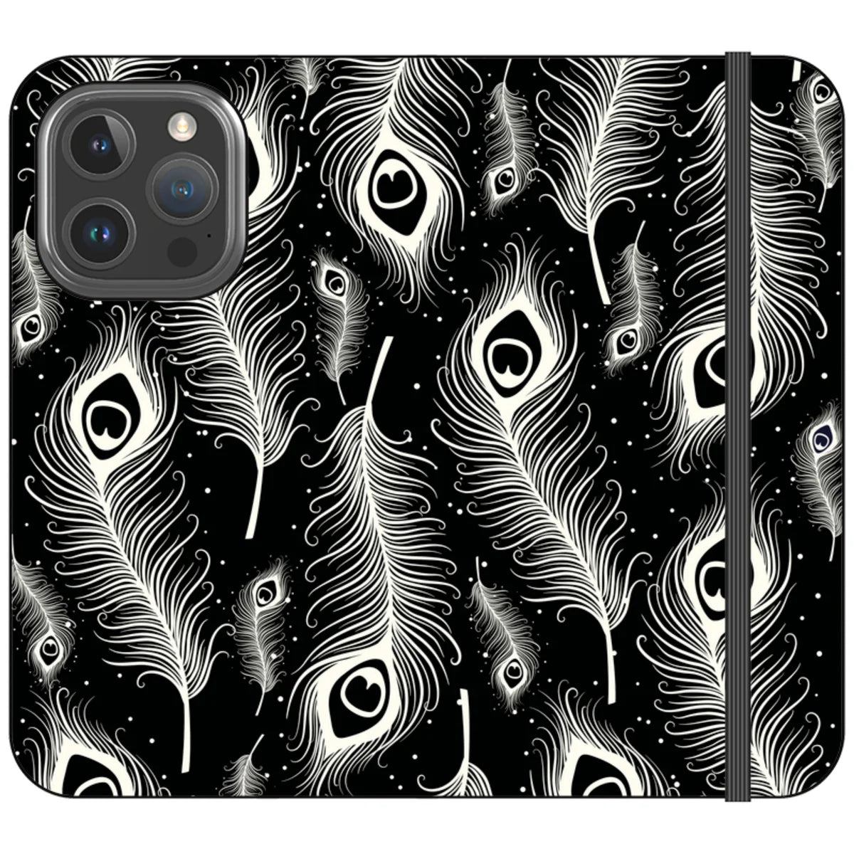 Feathers in Bloom Black- iPhone Folio Wallet Case — iPhone 16 Pro — Finnaij