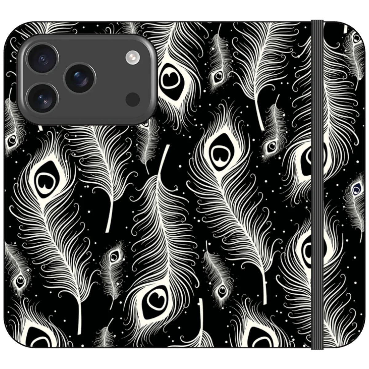 Feathers in Bloom Black- iPhone Folio Wallet Case — iPhone 18 Pro — Finnaij