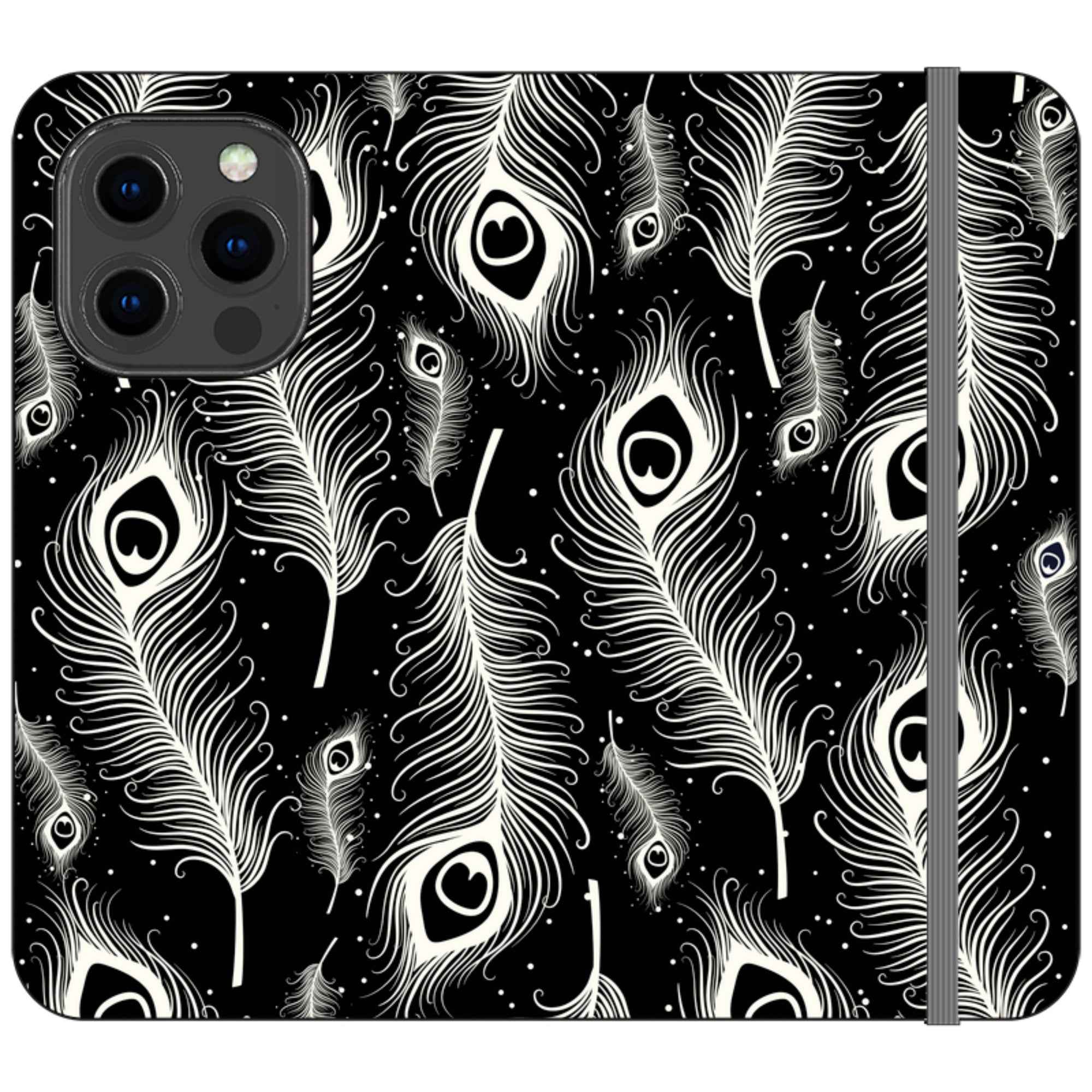 Feathers in Bloom Black- iPhone Folio Wallet Case — iPhone 13 Pro — Finnaij