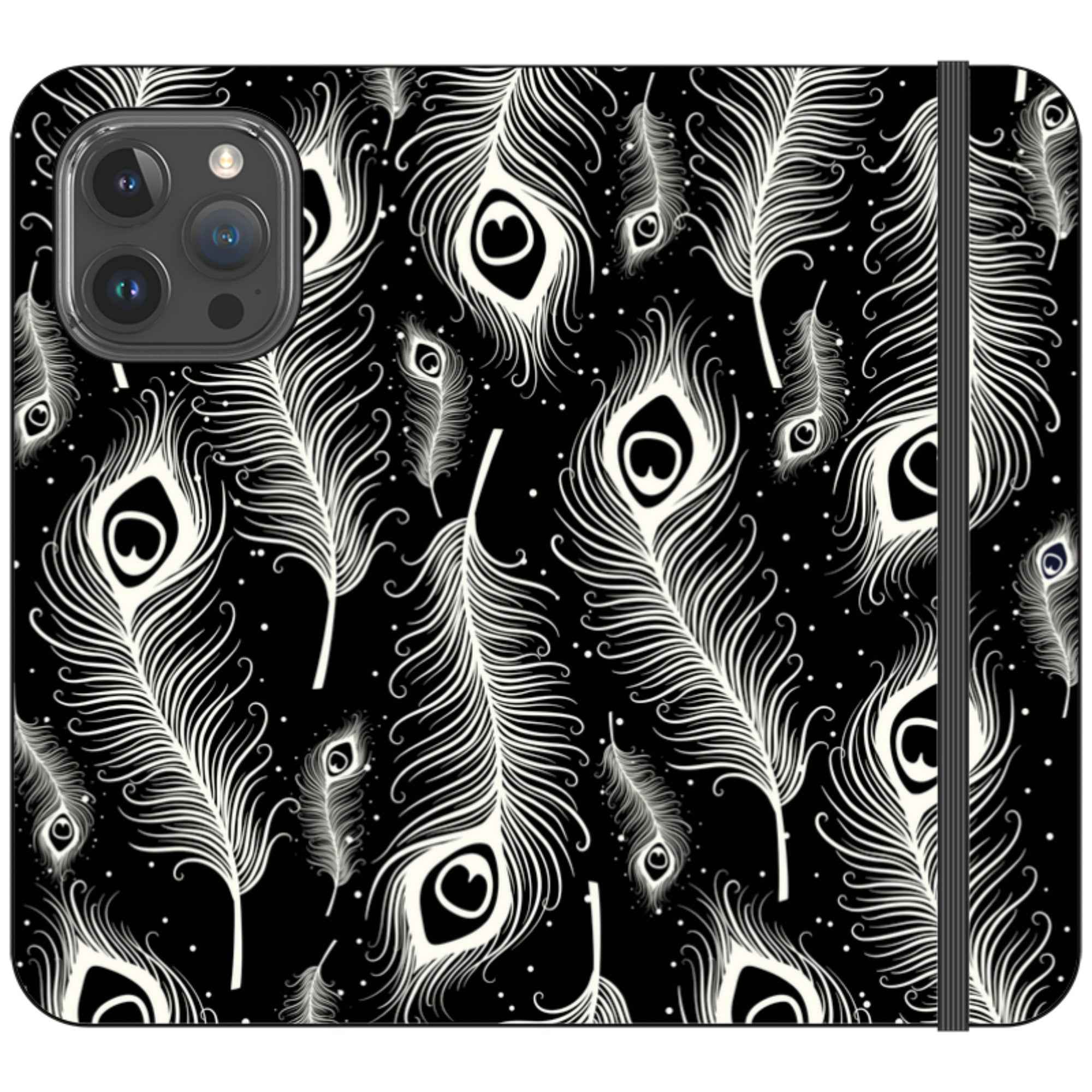 Feathers in Bloom Black- iPhone Folio Wallet Case — iPhone 15 Pro Max — Finnaij